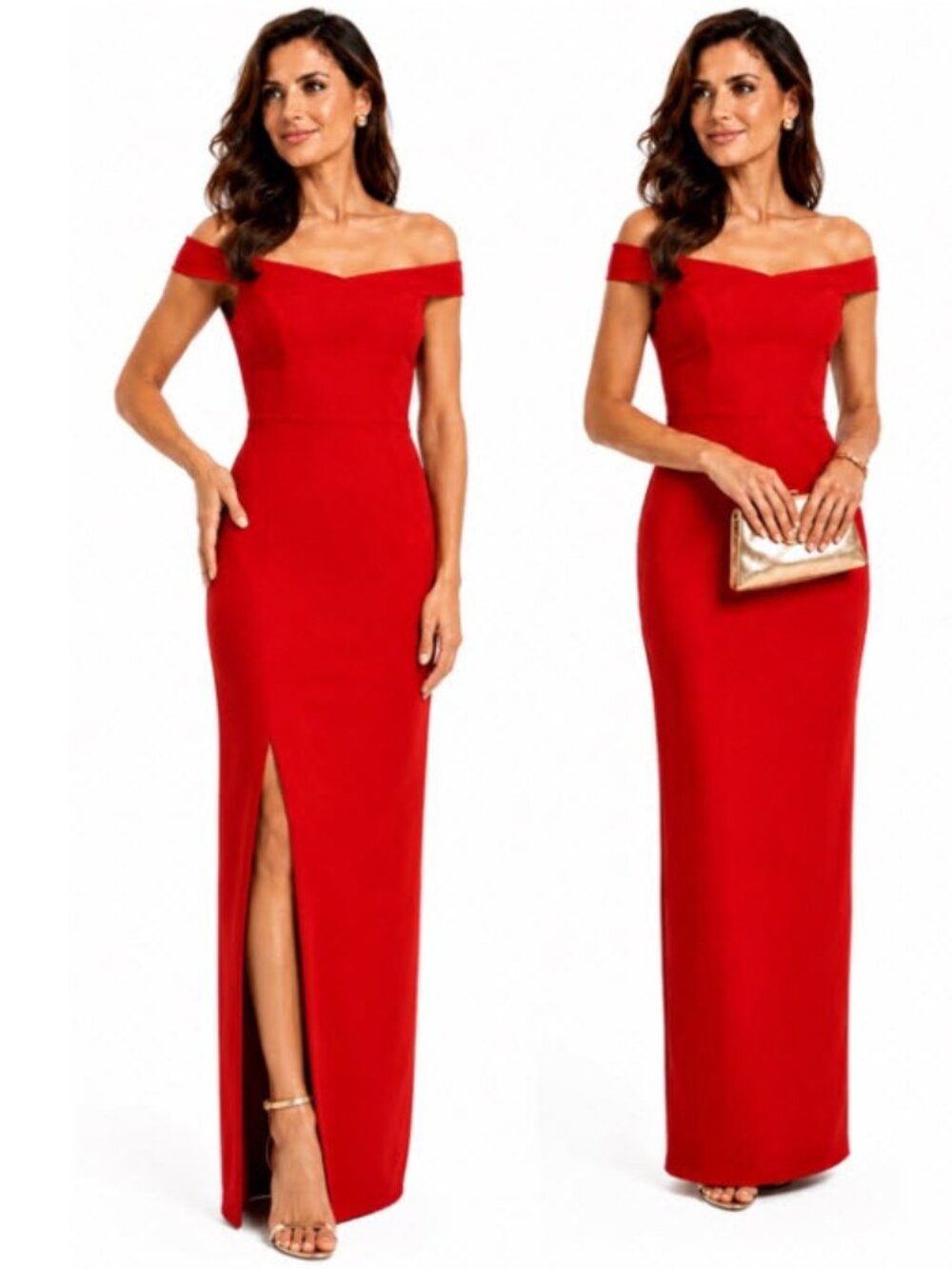 Bariano Red Off-Shoulder Column Gown Boned Bodice Formal Dress Size 6